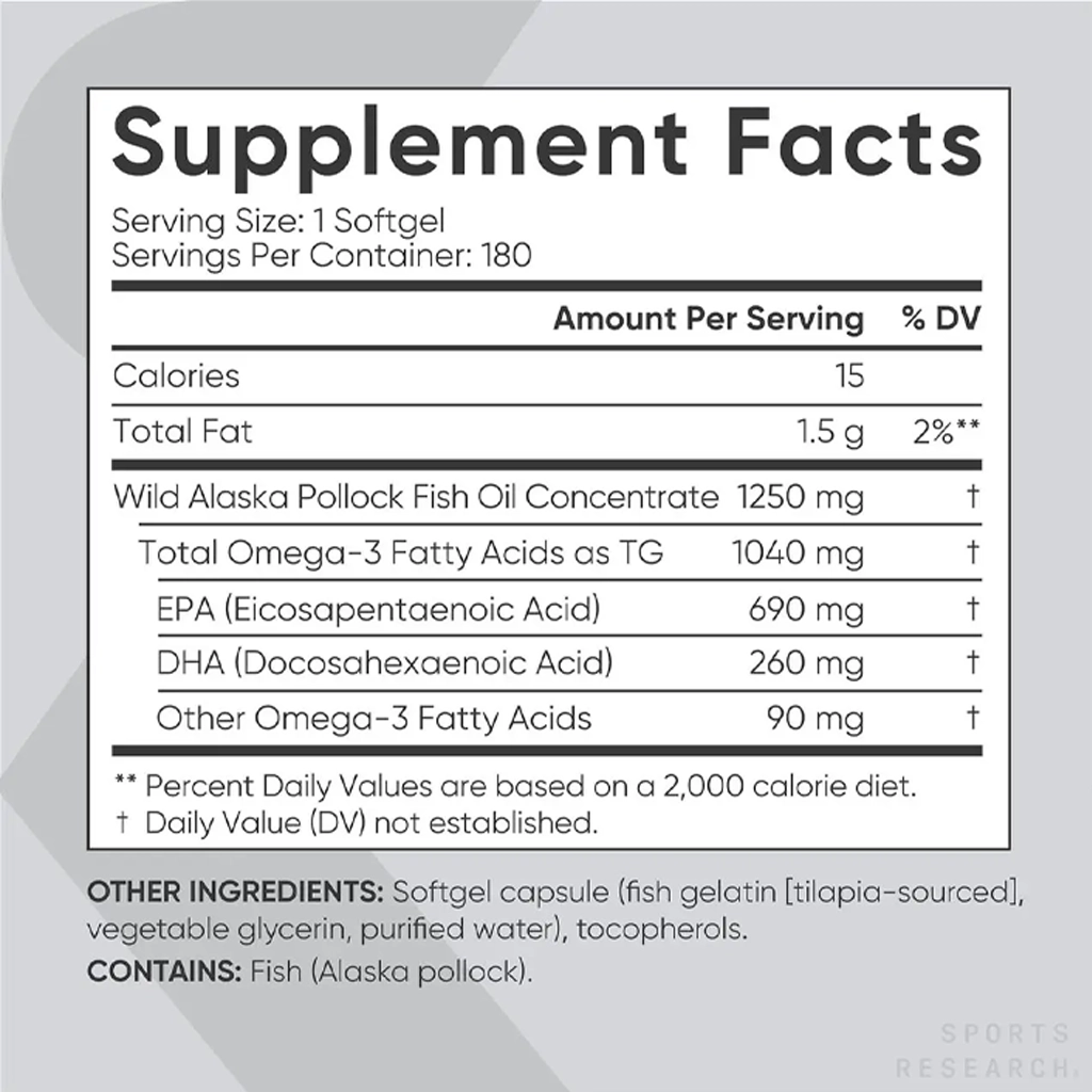 Омега-3, рыбий жир, Sports Research Omega-3 Fish Oil Alaska 1250mg 2 Sports Research Omega-3 Fish Oil Alaska 1250mg риб'ячий жир потрійної концентрації 180 софтгелів