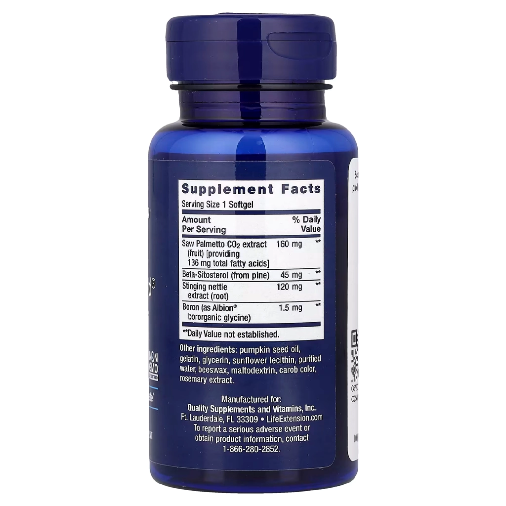 Со Пальметто, екстракт сереної, Life Extension PalmettoGuard® Saw Palmetto/Nettle Root Formula with Beta-Sitosterol - 60 softgels 2 Life Extension PalmettoGuard Со Пальметто та корінь кропиви 60 м'яких капсул для чоловічого здоров'я