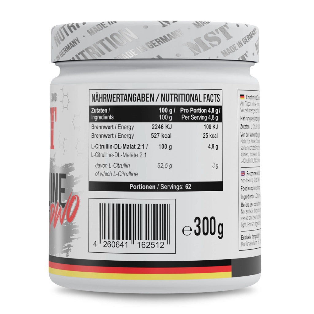 Цитрулін, MST® Citrulline PWO - 300 g 2 МСТ Цитрулін PWO склад L-цитрулін DL-малат 2:1 етикетка
