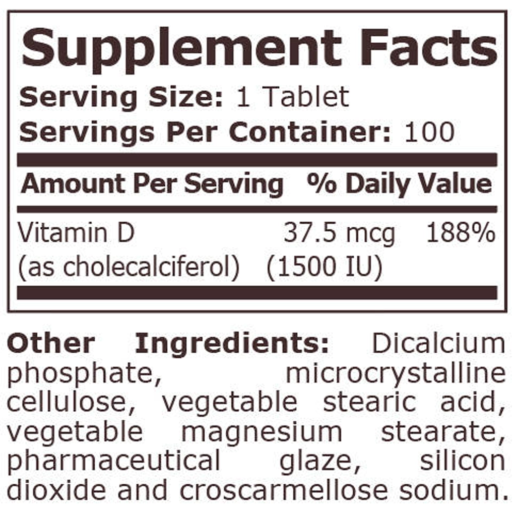 Вітамін Д3, Pure Nutrition USA VITAMIN D-3 1500 IU - 100 tab 2 Склад Pure Nutrition D3 1500 IU — 37,5 мкг холекальциферолу на таблетку