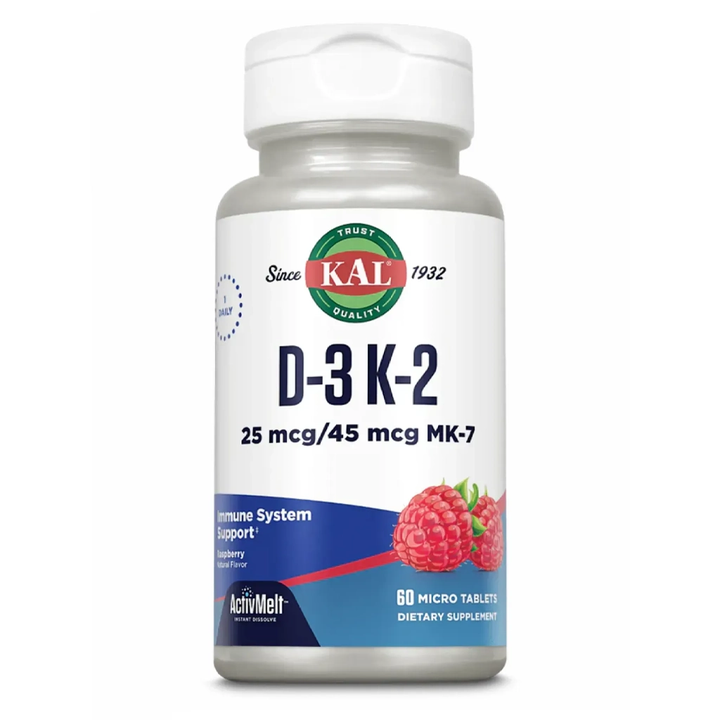 Вітамін Д3 та К2, KAL D3 & K2 25mcg (малина) – 60 tabs