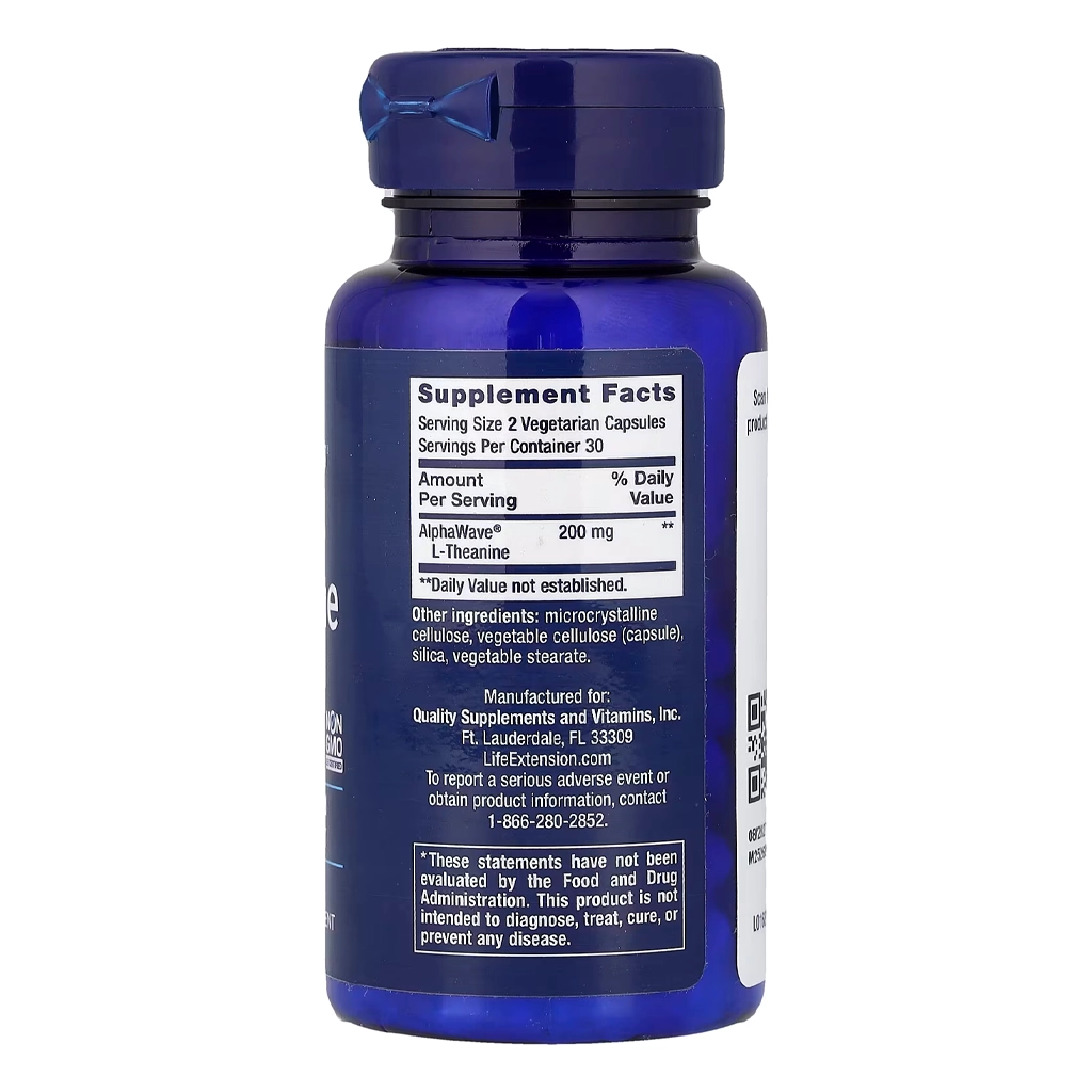 L-теанин, Life Extension L-Theanine 100 mg - 60 vcaps 2 L-теанін Лайф Екстеншн склад на етикетці теанін 100 мг