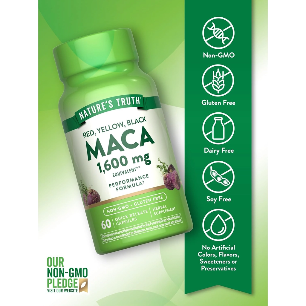 Мака, Nature's Truth Maca Root Red, Yellow, and Black Performance Formula - 60 Quick Release Capsules 3 Nature's Truth Maca капсули для енергії адаптоген