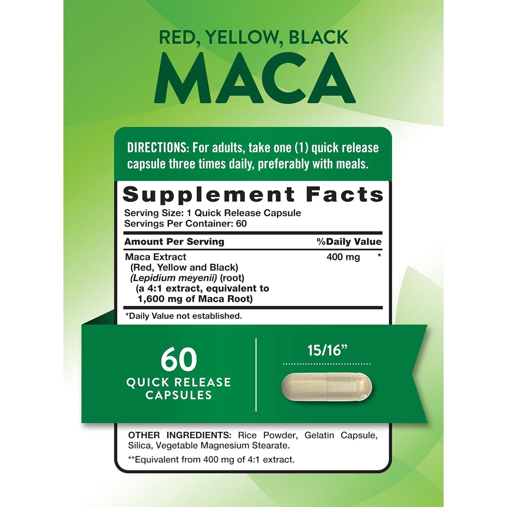 Мака, Nature's Truth Maca Root Red, Yellow, and Black Performance Formula - 60 Quick Release Capsules 2 Мака перуанська Нейчерз Трут склад еквівалент 1600 мг