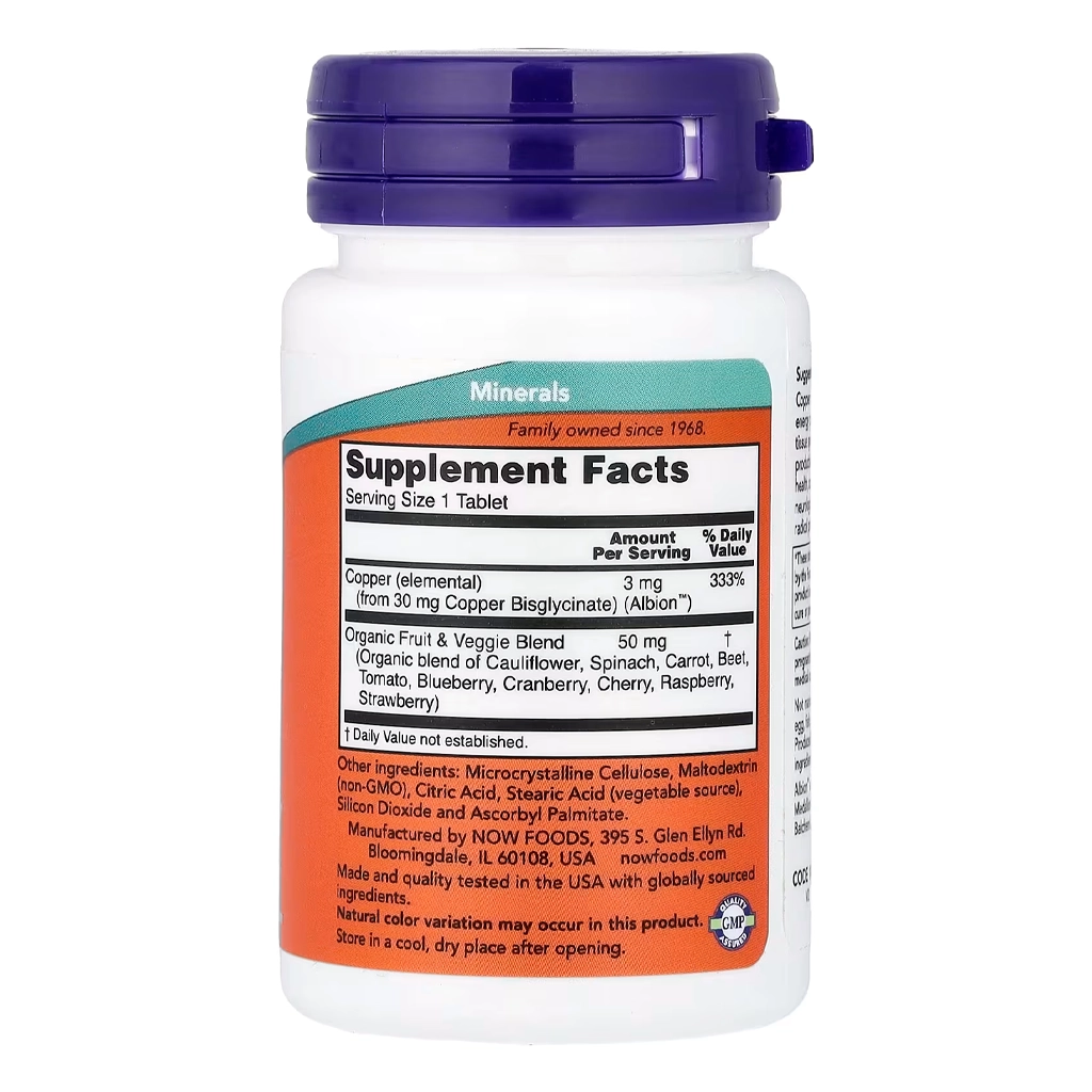 Мідь гліцинат, NOW Foods Copper Glycinate - 120 Tablets 2 Нау Фудс мідь склад на етикетці бісгліцинат Albion 3 мг 333%