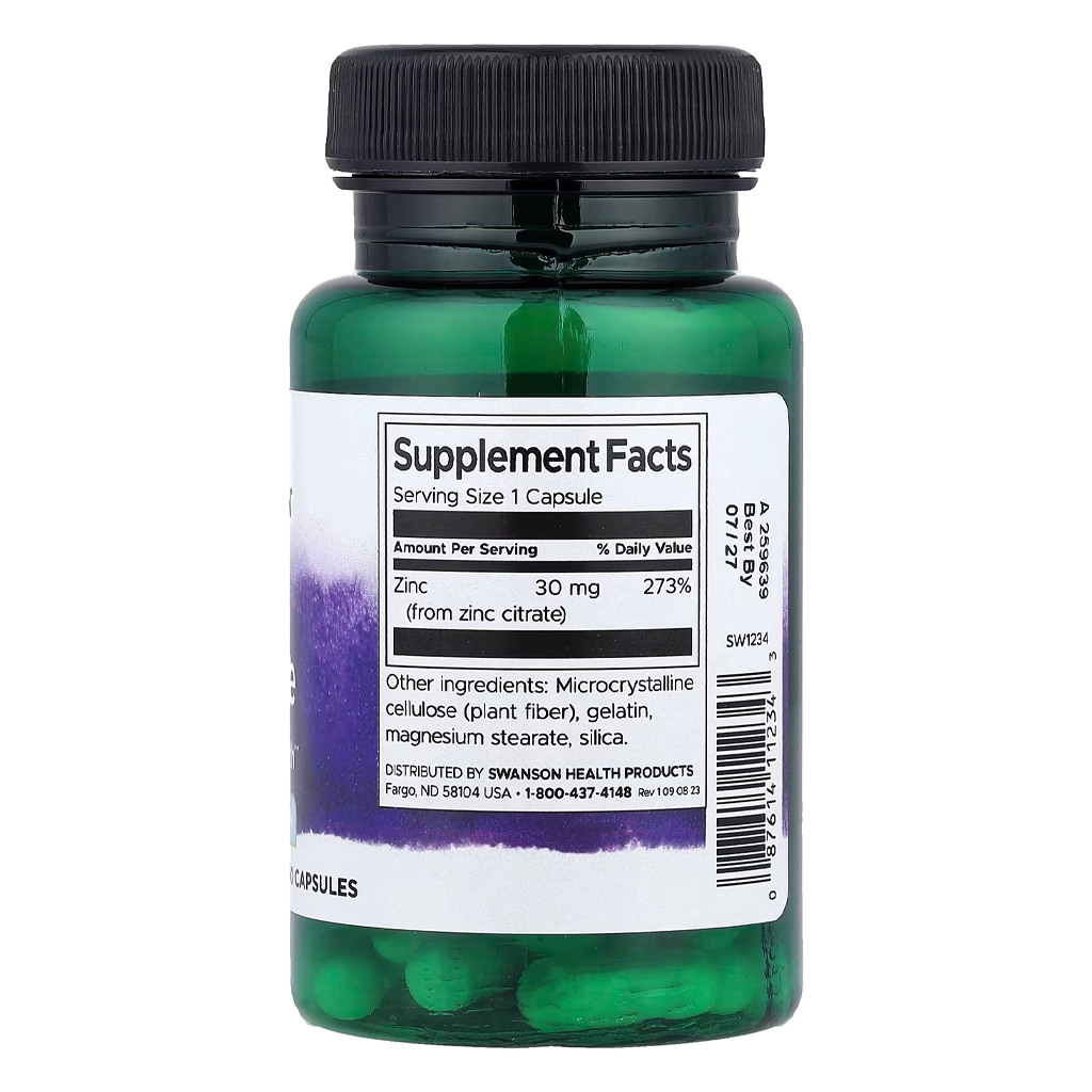 Цинк цитрат, Swanson Zinc Citrate 30 mg - 60 caps 2 Цинк цитрат Свонсон склад на етикетці цинк 30 мг 273%