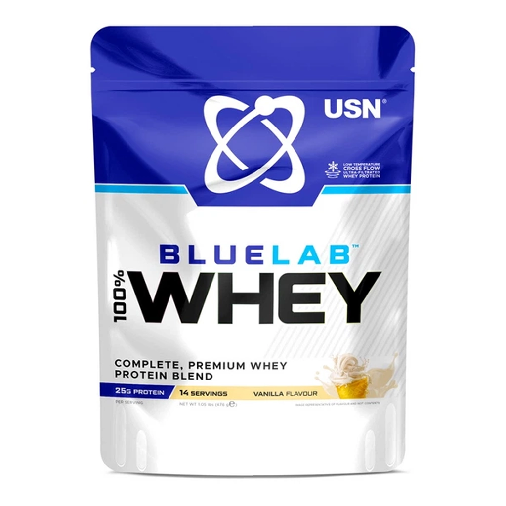 Сироватковий протеїн комплексний, USN Blue Lab 100% Whey 2 Blue Lab 100% Whey протеїн з лактазою 476 г банка спереду