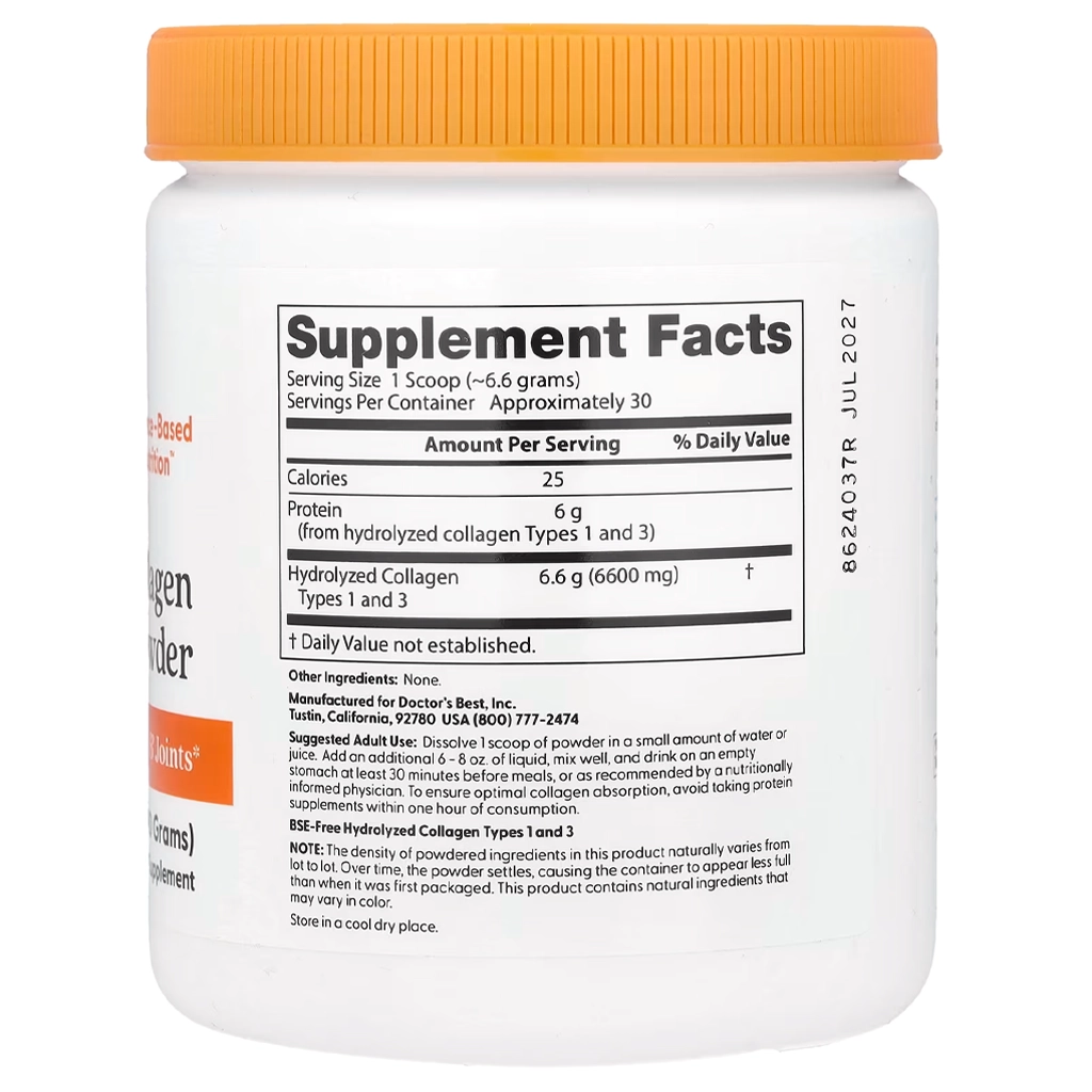 Колаген, Doctor's Best Pure Collagen Types 1 and 3 Powder - 200 g 2 Докторс Бест колаген склад 6600 мг типи 1 і 3 BSE-free