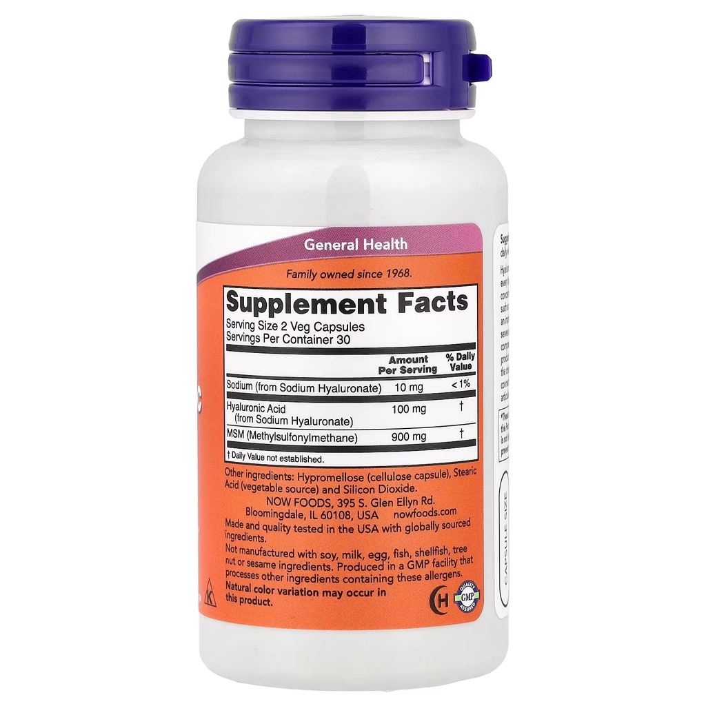 Гіалуронова кислота, NOW Hyaluronic Acid 50 mg - 60 Veg Caps 2 Нау Фудс гіалуронова кислота склад 50 мг MSM натрію гіалуронат