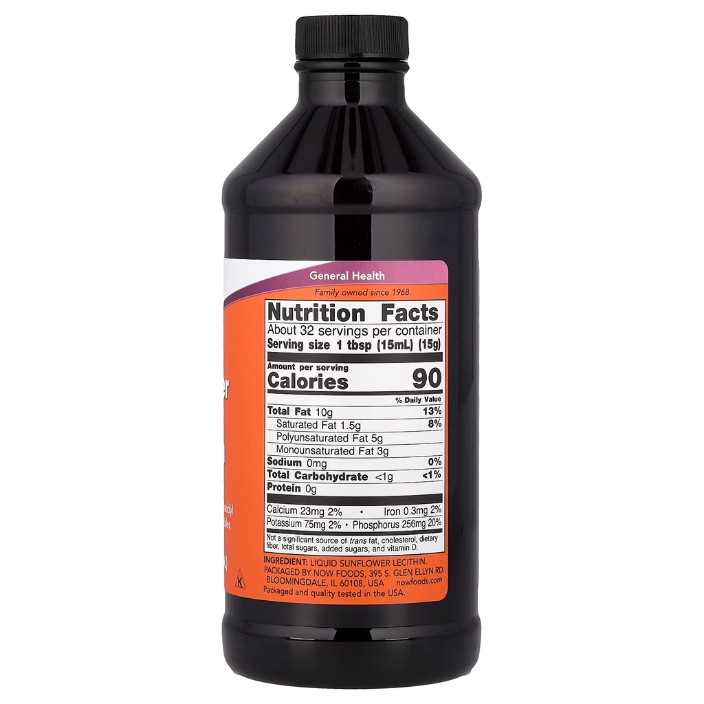 Лецитин рідкий соняшниковий, NOW Sunflower Liquid Lecithin - 473 ml 2 Нау Фудс лецитин склад фосфатидилхолін 19% без сої