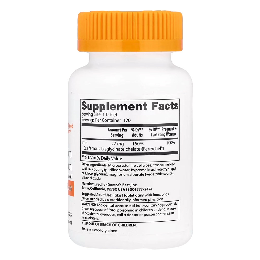 Залізо, Doctor's Best High Absorption Iron 27 mg - 120 Tablets 2 Doctor's Best High Absorption Iron залізо Ferrochel 27 mg 120 таблеток