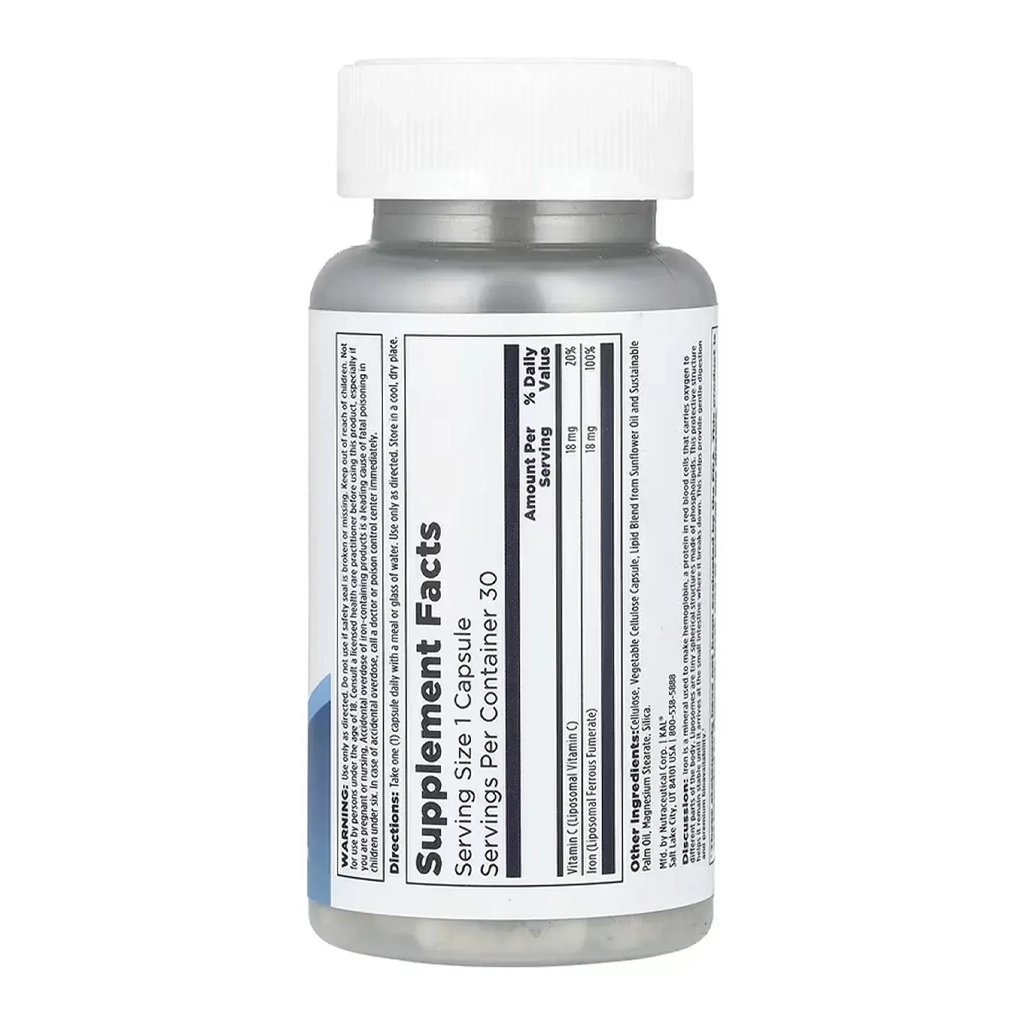 Залізо ліпосомальне, KAL Liposomal Iron 18mg - 30 vcaps 2 KAL Liposomal Iron + C склад — 18 мг заліза і 18 мг вітаміну C у порції