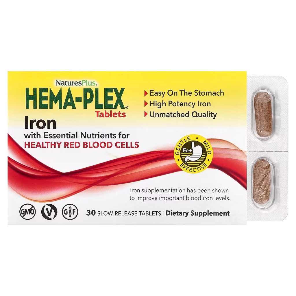NaturesPlus Hema-Plex 30 таблеток комплекс заліза — упаковка спереду