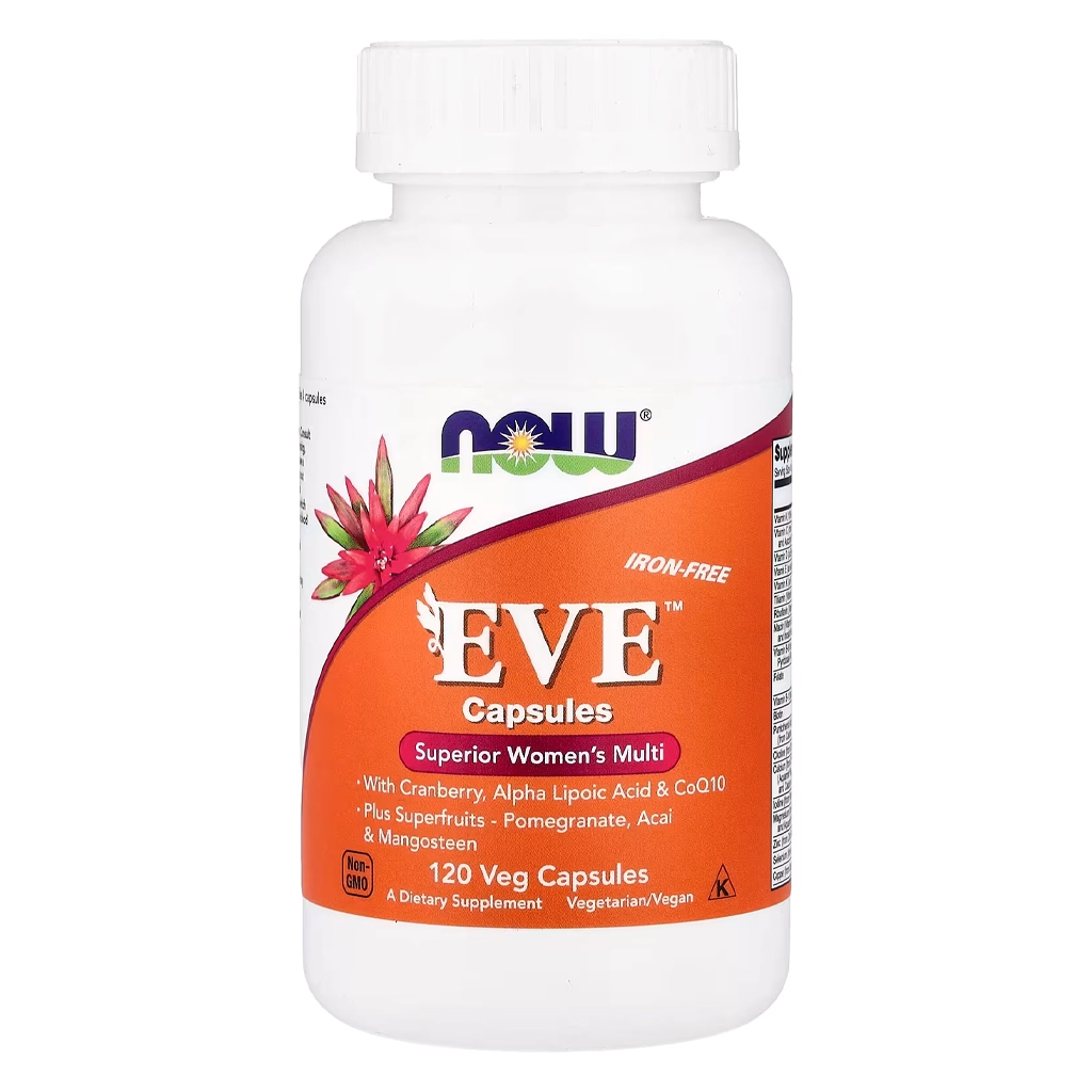 NOW Eve Capsules 120 капсул мультивітаміни для жінок без заліза — банка спереду