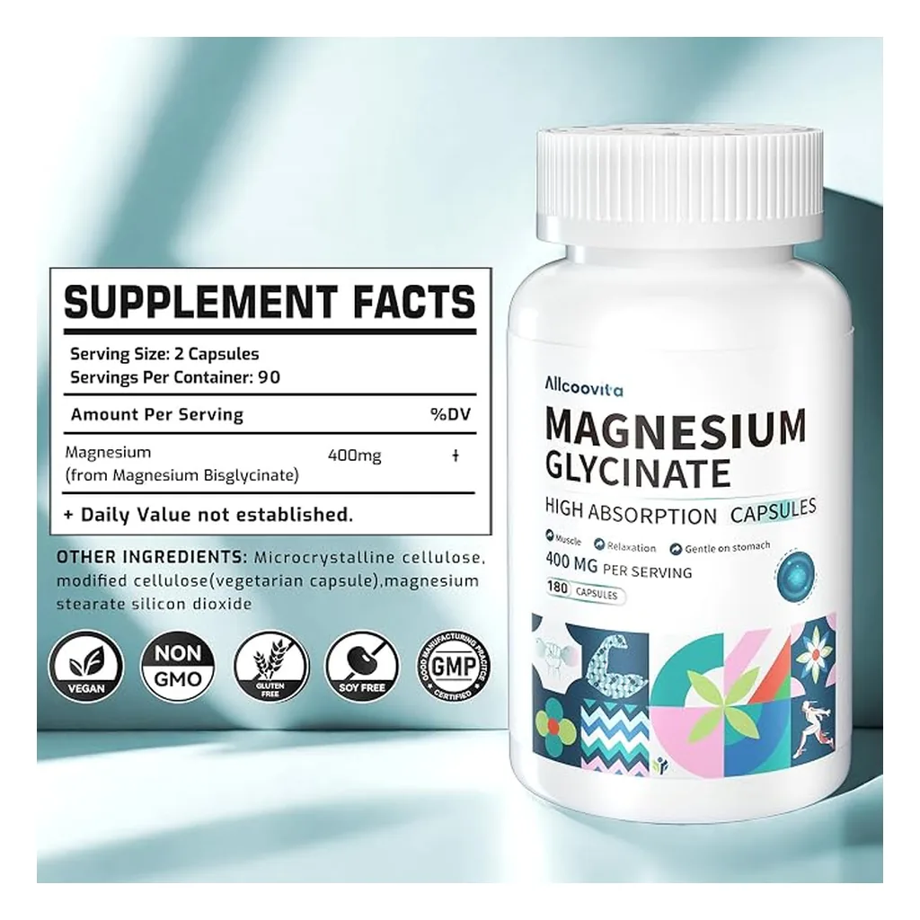 Магній гліцинат (бісгліцинат), Allcoovita, Magnesium glycinate 400 мг - 180 капсул 2 Allcoovita Magnesium Glycinate склад — бісгліцинат магнію 400 мг на порцію