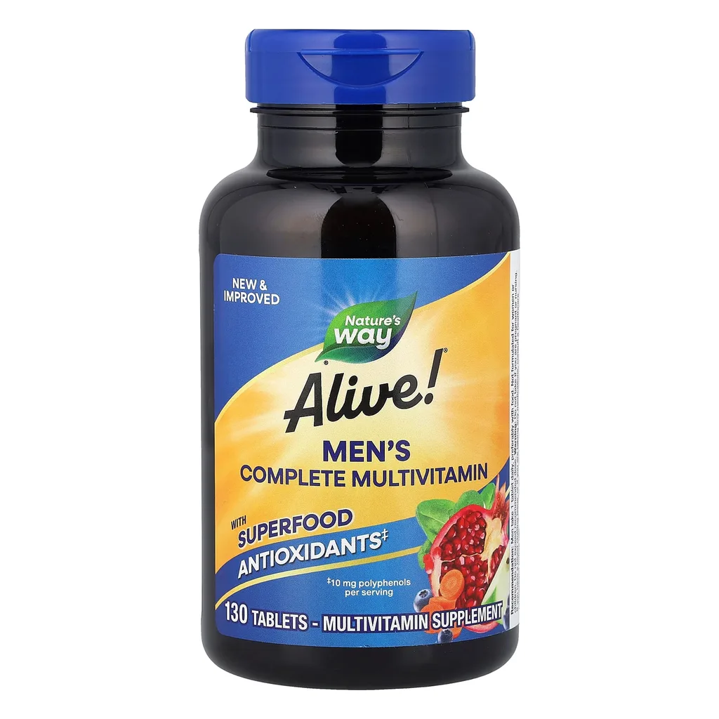 Мультивітамінний комплекс для чоловіків, Nature's Way Alive!® Men's Complete Multivitamin - 130 таблеток 1 Nature's Way Alive Men's Complete 130 таблеток мультивітаміни для чоловіків — банка спереду