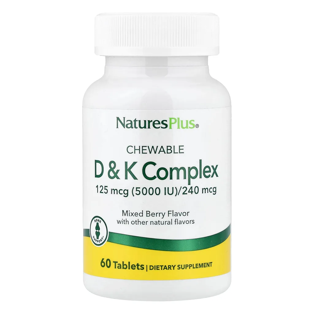 NaturesPlus D & K Complex 60 жувальних таблеток вітамін Д3 та К2 — банка спереду