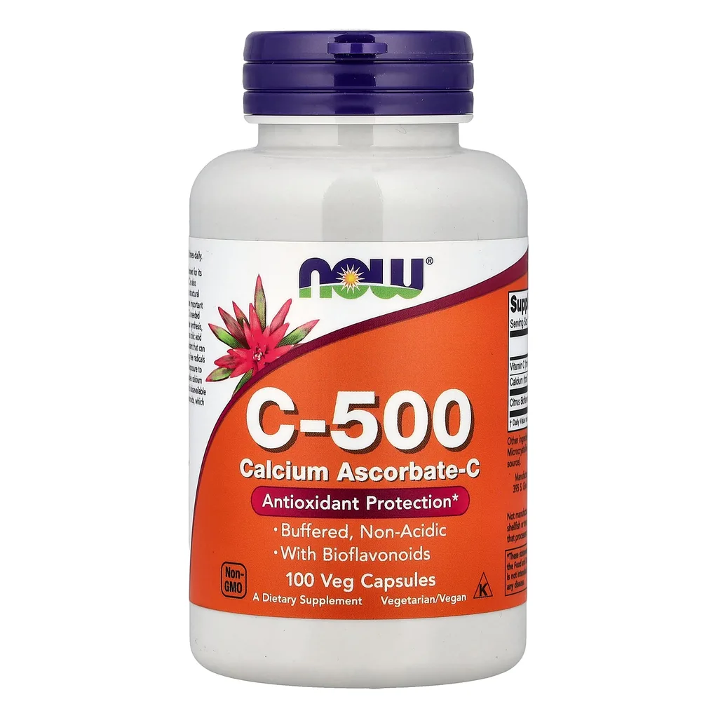 Вітамін C буферизований (С-аскорбат кальцію), NOW Foods C-500 Calcium Ascorbate-C 3 NOW C-500 Calcium Ascorbate 100 капсул буферизований вітамін C — банка спереду