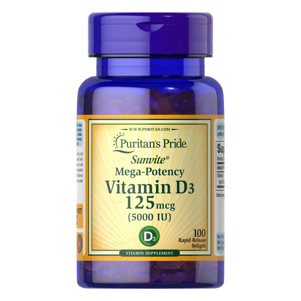 Вітамін Д3, Puritan's Pride Sunvite Mega-Potency Vitamin D3 125 mcg (5000 IU) - 100 softgels