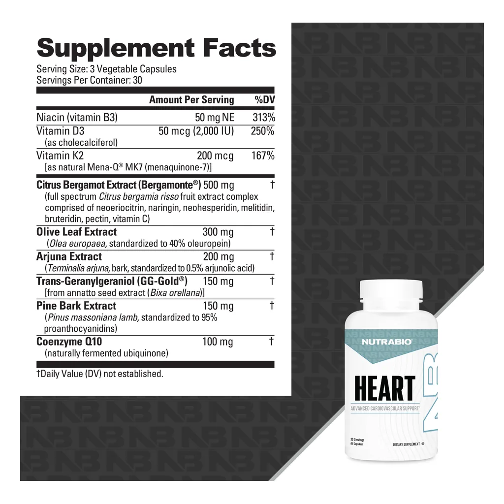 Комплекс для серця, NutraBio HEART Advanced Cardiovascular Support - 90 капсул 2 NutraBio HEART склад — бергамот, коензим Q10