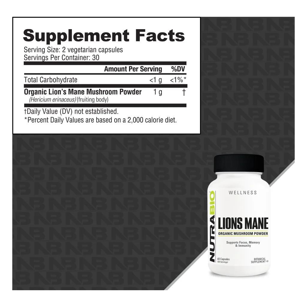 Їжовик гребінчастий, NutraBio Lion's Mane Organic 500 mg - 60 капсул 2 NutraBio Lion's Mane склад — органічний їжовик, плодове тіло