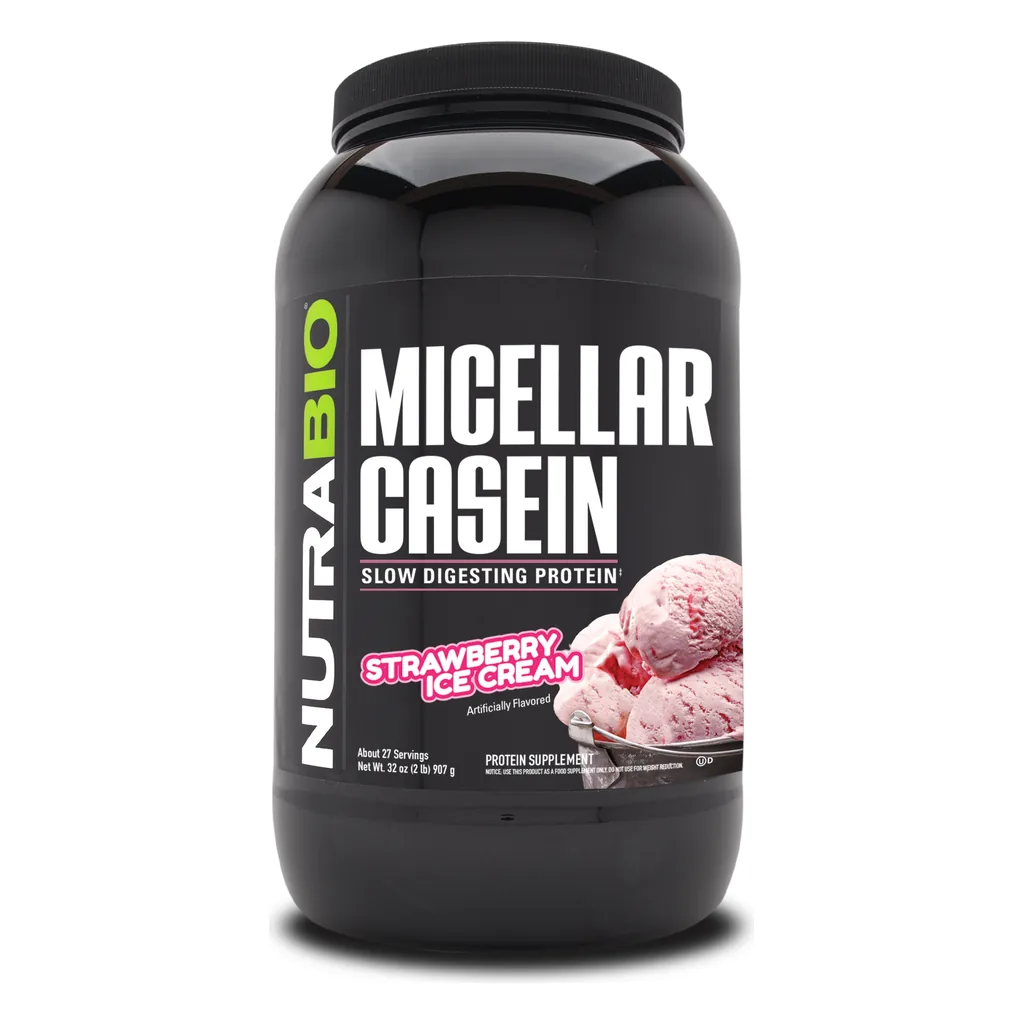 Казеїновий протеїн, NutraBio Micellar Casein - 900 грам 3 NutraBio Micellar Casein 900 г казеїновий протеїн — банка спереду, смак Полуничне морозиво