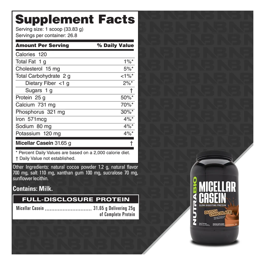 Казеїновий протеїн, NutraBio Micellar Casein - 900 грам 2 NutraBio Micellar Casein склад — міцелярний казеїн, кальцій