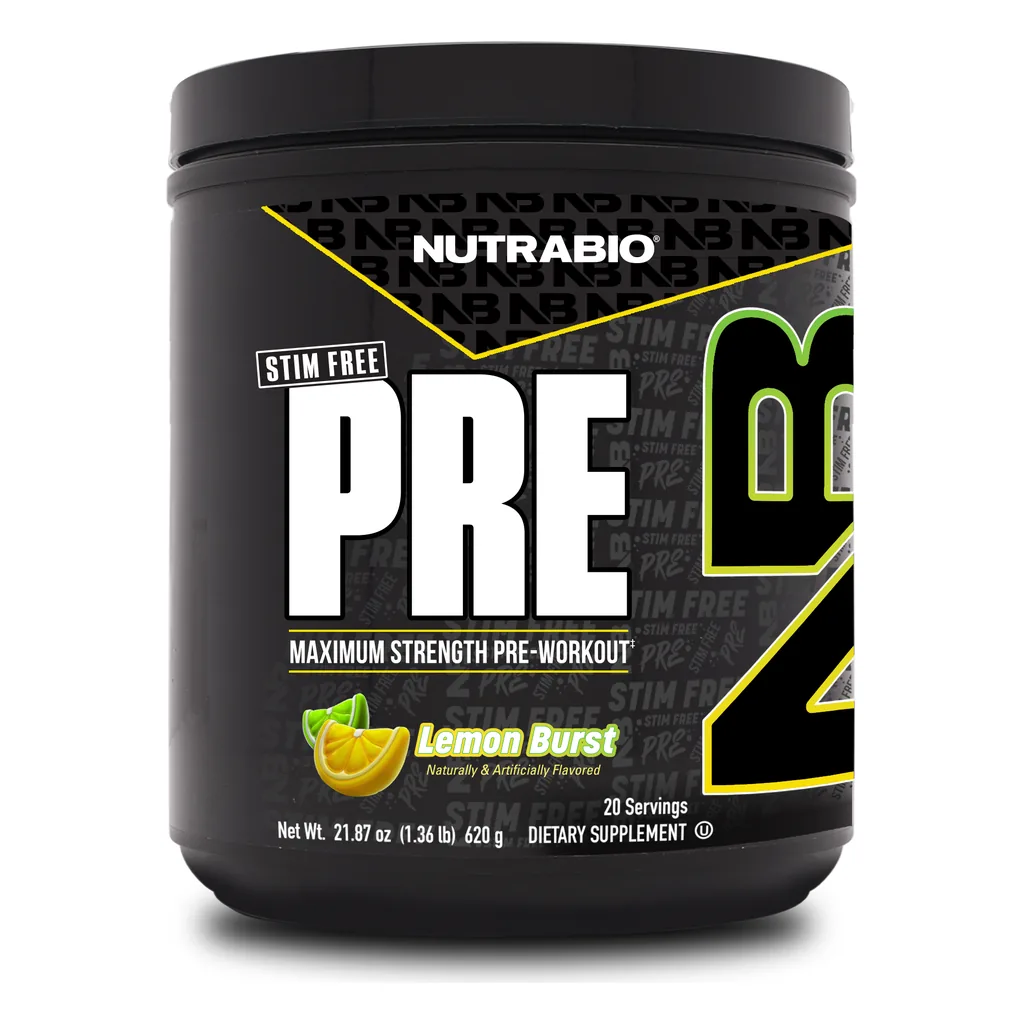 Передтренувальний комплекс без кофеїну, NutraBio PRE Stim-Free 3 NutraBio PRE Stim-Free 620 г передтренувальний комплекс без кофеїну — банка спереду, смак Лимонний вибух