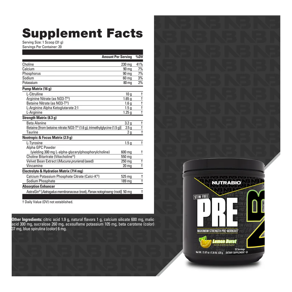 Передтренувальний комплекс без кофеїну, NutraBio PRE Stim-Free 4 NutraBio PRE Stim-Free склад — L-цитрулін, бета-аланін