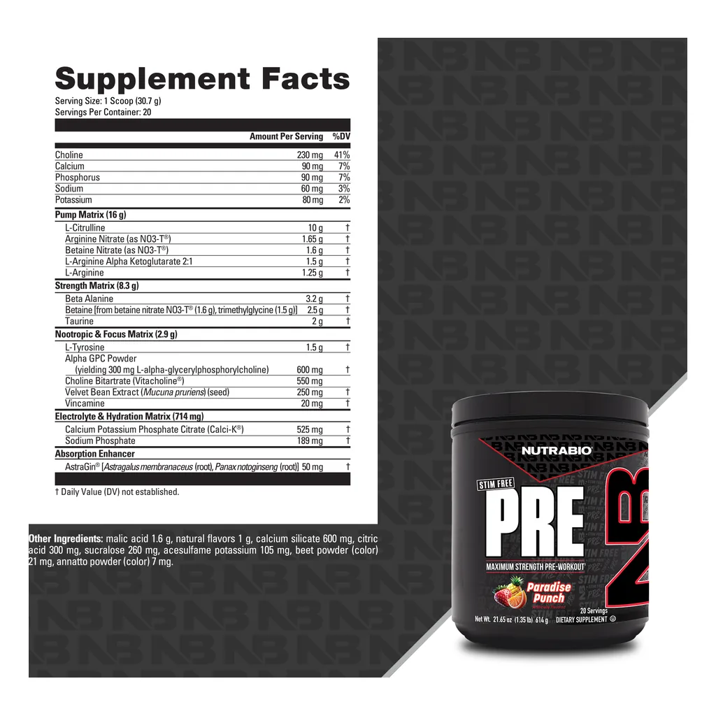 Передтренувальний комплекс без кофеїну, NutraBio PRE Stim-Free 2 NutraBio PRE Stim-Free склад — L-цитрулін, бета-аланін